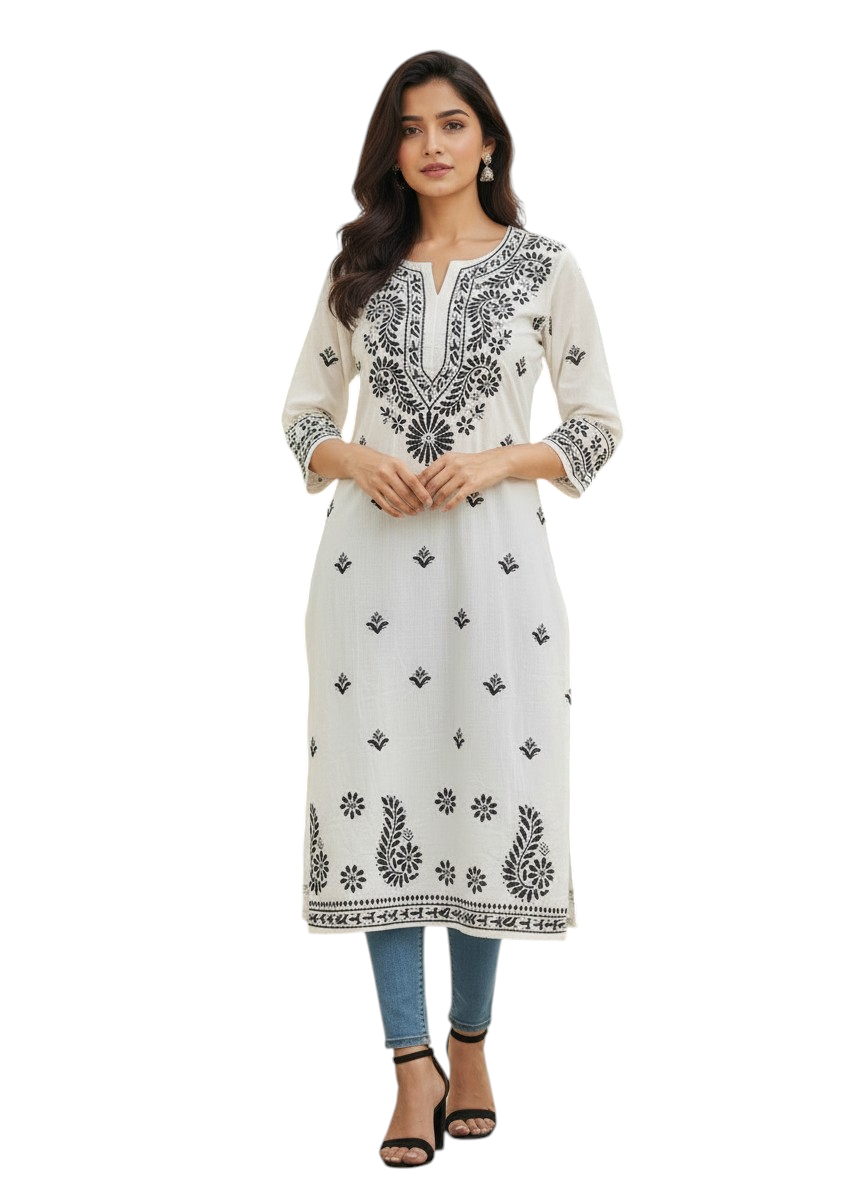 Womens Cotton Big Size Chikankari Embroidered Straight Kurti