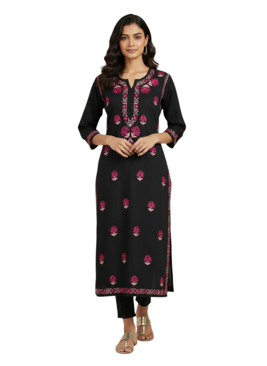 Pure Cotton Pink Floral Embroidery Chikankari Kurti