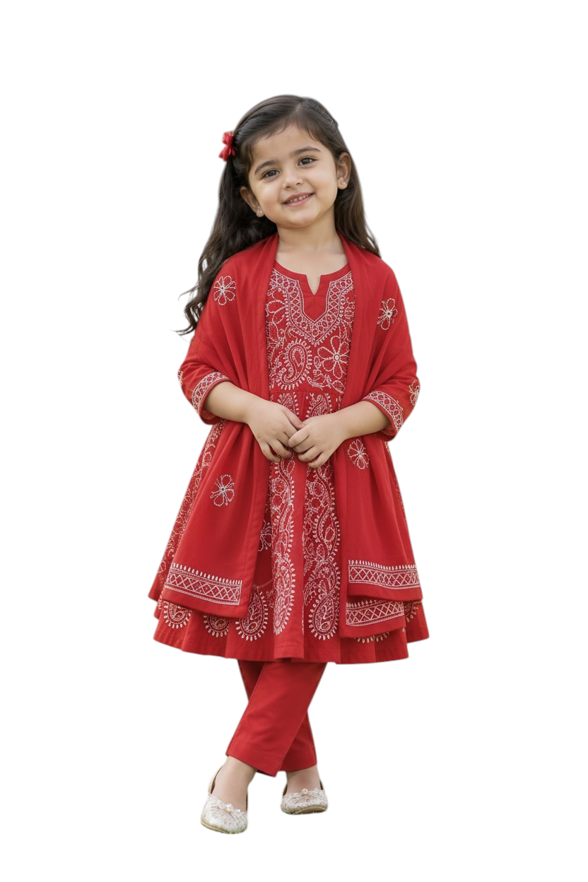 Lucknowi Chikankari Embroidered 3-Piece Traditional Suit Set | 3 - 4Y
