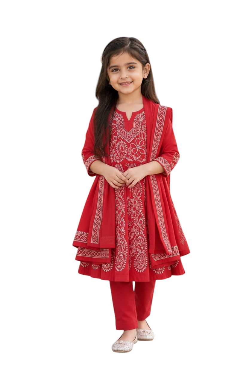 Lucknowi Chikankari Embroidered 3-Piece Traditional Suit Set |  5- 6Y