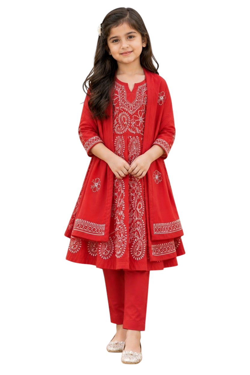 Lucknowi Chikankari Embroidered 3-Piece Traditional Suit Set | 7 - 8Y