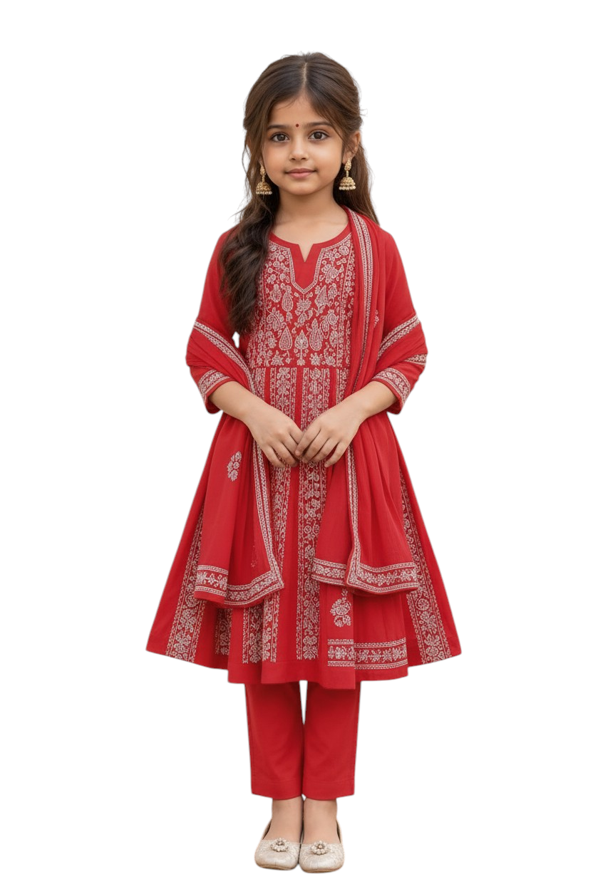 Lucknowi Chikankari Embroidered 3-Piece Traditional Suit Set | 9 - 10Y