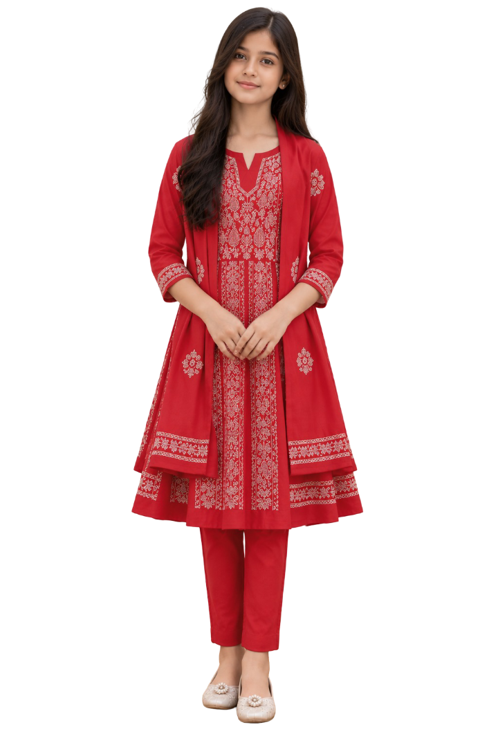 Lucknowi Chikankari Embroidered 3-Piece Traditional Suit Set | 10 - 11Y